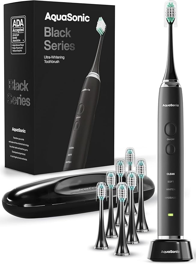 Aquasonic Black Series Ultra Whitening Toothbrush – ADA Accepted Electric Toothbrush- 8 Brush Heads &amp Travel Case – 40000 VPM Electric Motor &amp Wireless Charging - 4 Modes w Smart Timer