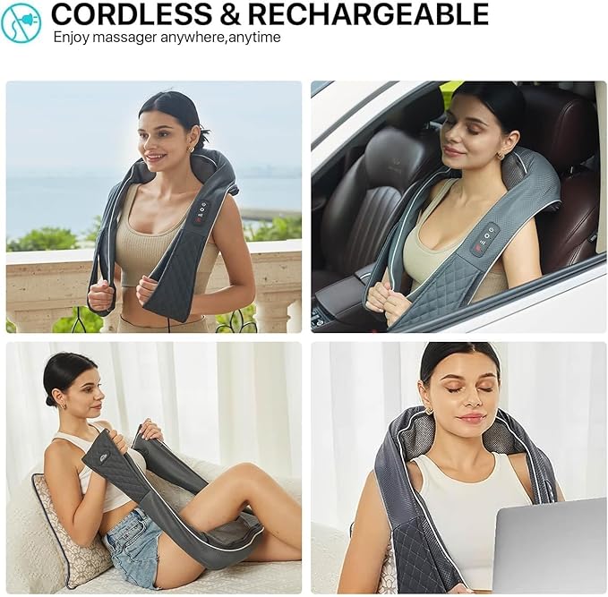 Cordless Shiatsu Neck Massager with Heat – Rechargeable Massager for Neck and Shoulder Pain with 8 Deep Kneading Nodes Back Massager for Home Office Outdoor - Christmas Gifts for Mom Dad Men Women