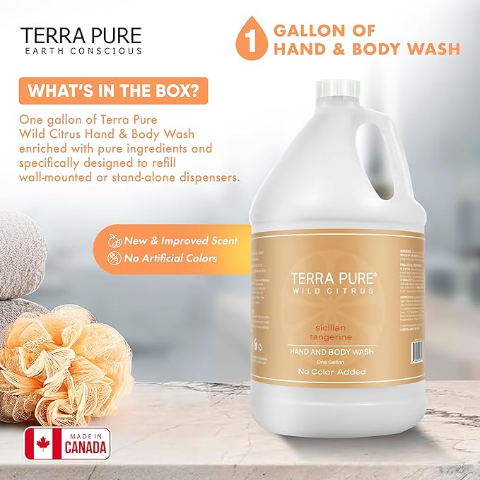 Terra Pure Wild Citrus Gallon Hand &amp Body Wash – Refill Jug for Hotels Vacation Rentals Guest Homes Spas Gyms | Bulk Liquid Soap Toiletries | No Color Added | For Sensitive Skin &amp Daily Us