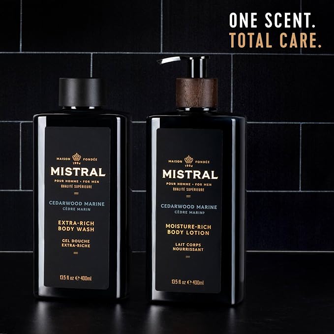 Mistral Men's Body Wash &amp Shampoo Cedarwood Marine 13.5 oz | 2-in-1 Natural Shower Gel for Men | SLS Paraben &amp Phthalate Free | Natural Men’s Body Wash Moisturizing Bath Gel - Made in Franc