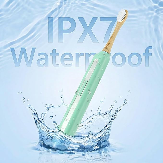 Bamboo Electric Toothbrush丨Rechargeable Electric Toothbrush with 4 Bamboo Heads Soft Castor Oil Bristles5 Moedes&amp3 Intensities 45 Days Battery Life IPX7 Waterproof-Light Green
