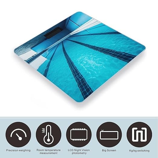 Blue Swimming Pool Scale for Body Weight Safe Rounded Corners Tempered Glass Digital Bathroom Scale LED Display 400lb Capacity Weight Scales with High Precision Sensors