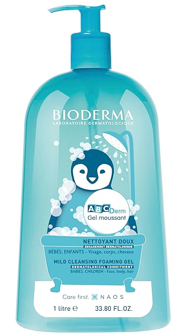 Bioderma ABCDerm Foaming Gel Gentle Skin Cleanser and Moisturizing Body Wash for Babies and Children 33.8 Fl Oz