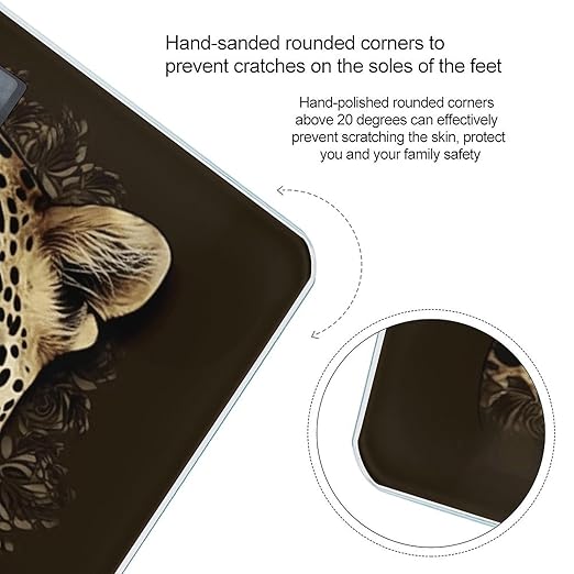 Patterned Leopard Head Scale for Body Weight Anti-Slip Tempered Glass Digital Bathroom Scales Clear LCD Display Weighing Scale Safe Rounded Corners Smart Scales