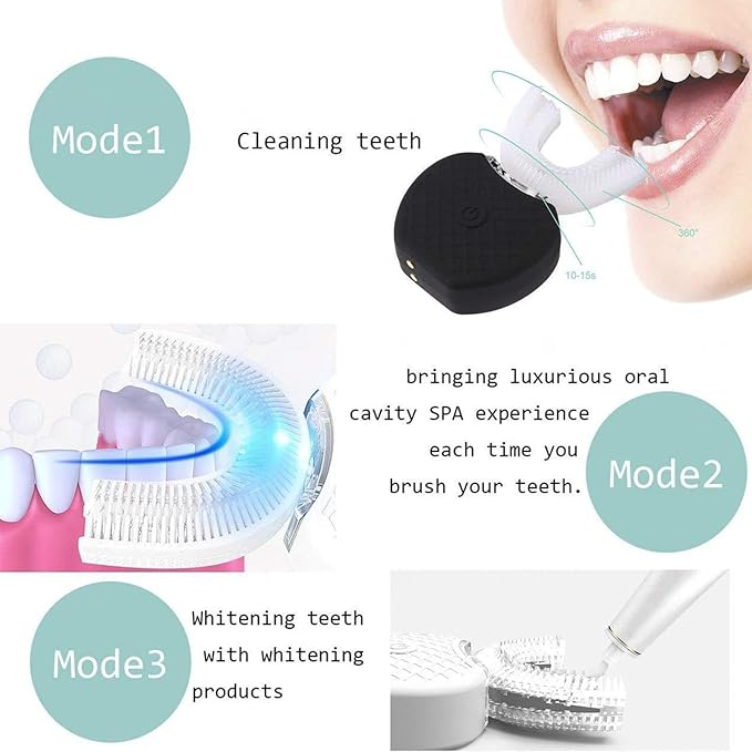 VIDECOR Automatic Electric Toothbrush for Adults 360 Degree Ultrasonic Electric Toothbrush 100% Food Graded Silicone Electric Travel U Shape ToothbrushBlue