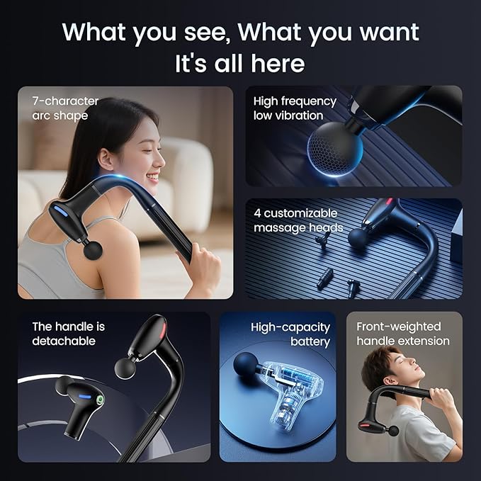 3-in-1 Massage Gun with Upgraded Extension HandleBack Massager for Pain Relief Portable Percussion Muscle Massager for Shoulder Thigh Waist &amp Neck Shoulders Waist Arm Legs Foot 4 Replaceable