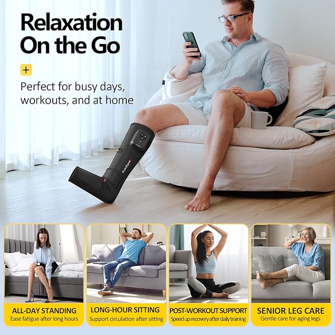 Comfytemp Air Compression Therapy Device K1011 Cordless Leg Massager for Circulation and Pain Relief Portable Foot and Calf Massage Boot Christmas Gift for Dad Men Mom Women Seniors (1 Pack)