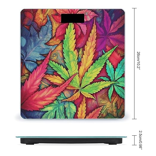 Multicolor Leaf Weed Art Weight ScaleClear LED Display Bathroom Digital Weighing ScaleTempered Glass Digital Bathroom Scale for Body Weight Capacity Up to 400 Lbs