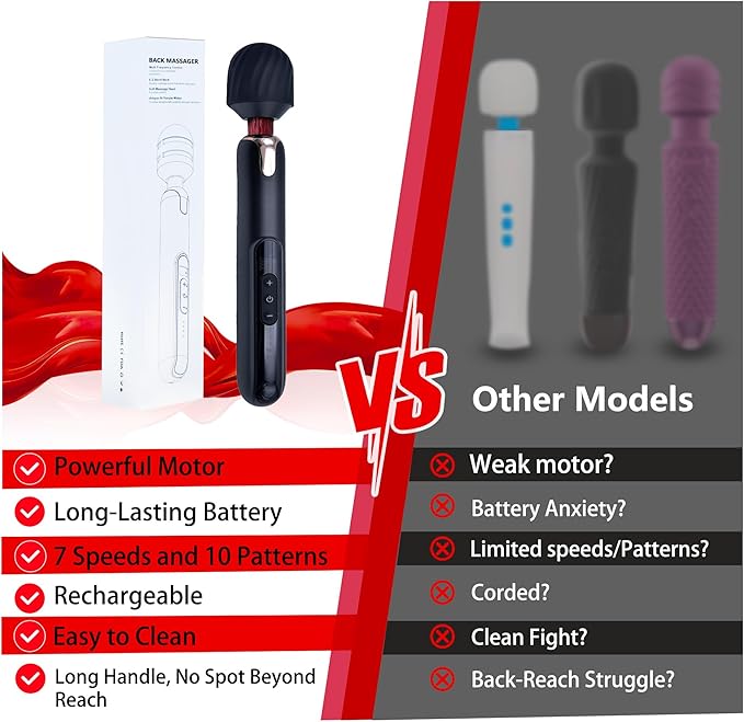 Cordless Electric Back Massager Long Handle Big Handheld Muscle Massager Rechargeable with Multiple Speed Settings Black