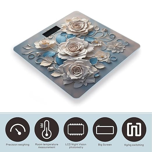 Rose Elegant Decorative Floral Bathroom Scale for Body Weight LCD Display Digital Bathroom Scale Tempered Glass Bathroom Weight Scales Fashion Smart Scales for Home Bedroom 400 Lb
