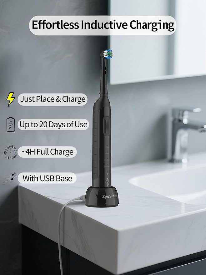 Rotating Electric Toothbrush for Adults with 4 Modes Round Head and USB Charging Base - for Sensitive Gums IPX7 Waterproof (Black)