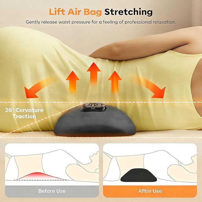 3-Mode Back Massager with Heat Vibration &amp Traction Lumbar Pillow - Relieve Lower Back &amp Sciatica Pain for Home Office &amp Car