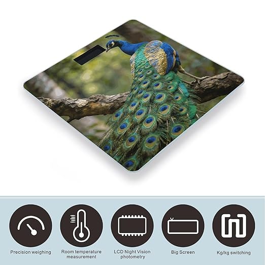 Colorful Peacock on A Tree Branch Weight ScaleClear LED Display Bathroom Digital Weighing ScaleTempered Glass Digital Bathroom Scale for Body Weight Capacity Up to 400 Lbs