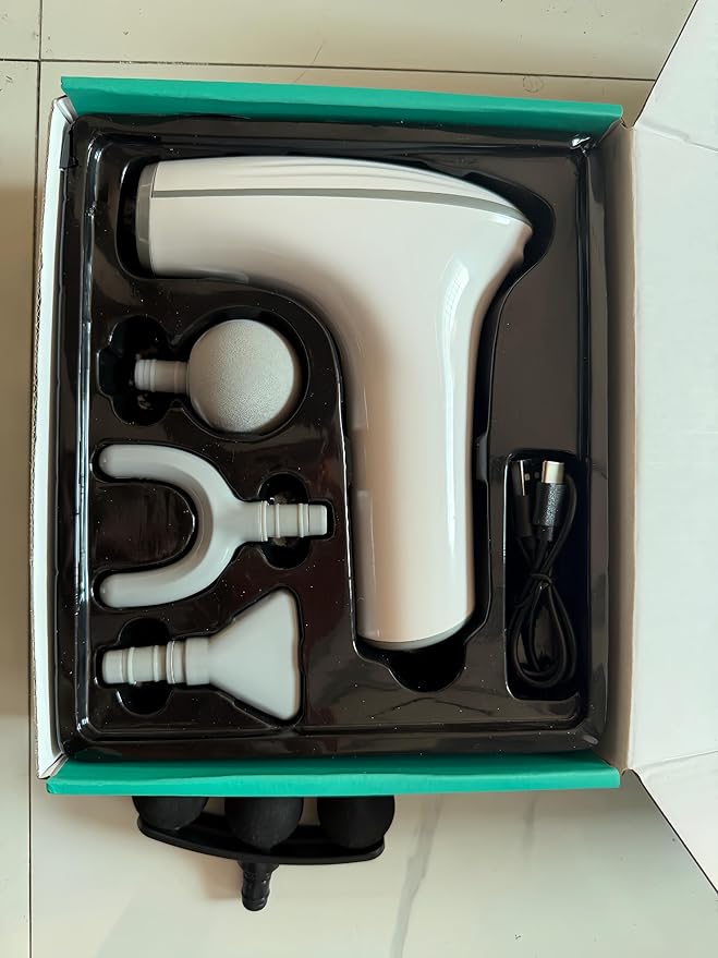 Deep Tissue Massage Gun Portable Percussion Muscle Massager with Four Interchangeable Heads Useful for Athletes Gym Office (White)