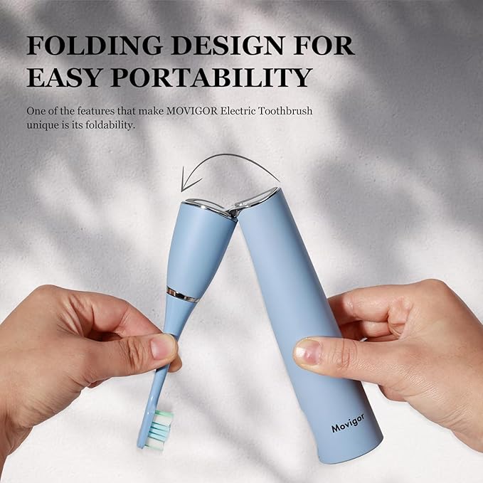 Foldable Electric Toothbrush for Adults – Dual UV Sanitization 272 Sonic Modes USB-C Rechargeable 4 Brush Heads Leather Travel Case Portable Blue Toothbrush