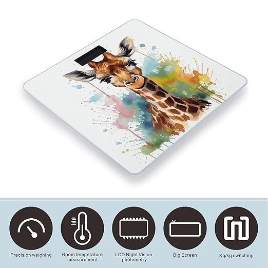 Cute Giraffe Watercolor Bathroom Scale Large LCD Backlight Display Digital Scale Rounded Corners Body Scales Automatic Power On/Off Bathroom Scales for Home Bedrooms
