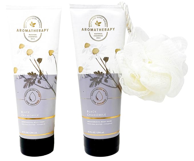 Bath &amp Body Works Aromatherapy Black Chamomile - 2 Pack Of Body Wash With Shower Sponge