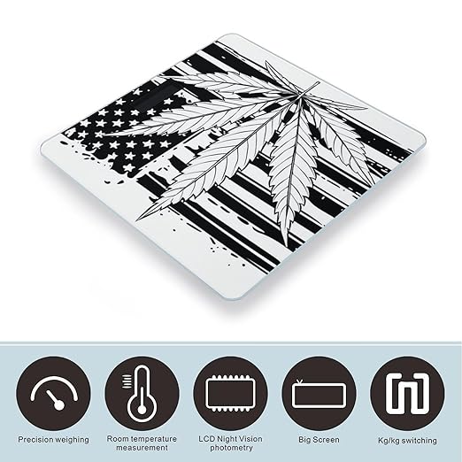 Marijuana Weed Leaf Black and White American Flag Smart Square Scale with Digital Display for Bathroom Scale