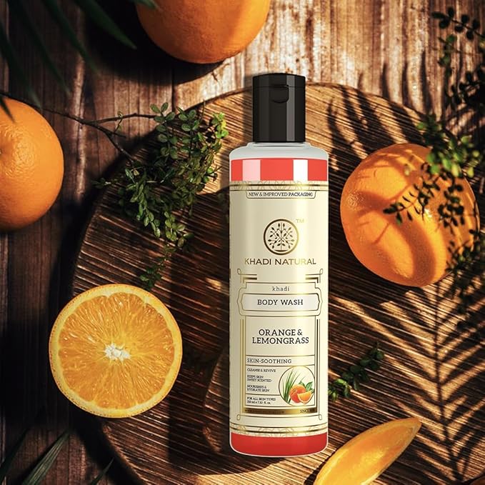 Khadi Natural Herbal Orange &amp Lemongrass Body Wash| Cleanses and Revives Skin|Shower Gel to Regulate oil production| Keeps skin blemish free|Suitable for All Skin Types| 210ml