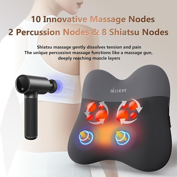 belhope Back Massager with Heat Cordless Back Massage for Pain Relief Deep Tissue 4D Shiatsu and Percussion Massage Lower Back Massager for Office Chair Mother's Day Gifts for Women Men Grey