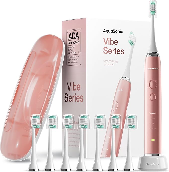 Aquasonic Vibe Series Ultra-Whitening Toothbrush – ADA Accepted Electric Toothbrush - 8 Brush Heads &amp Travel Case – 40000 VPM Motor &amp Wireless Charging - 4 Modes w Smart Timer – Satin Rose Go