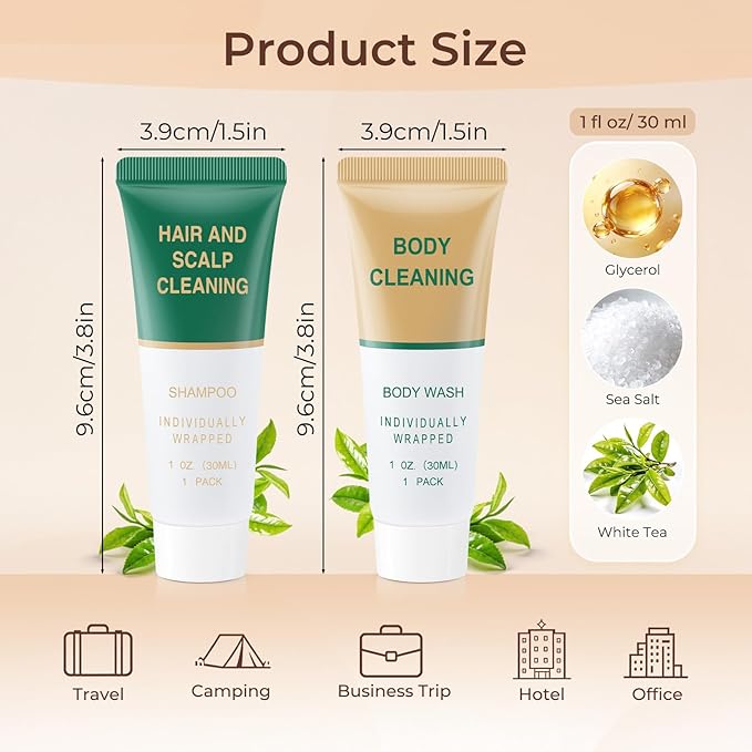 Shampoo and Body Wash BulkTravel Size Individually Wrapped Hotel Mini Shower Gel and Shampoo Small Cleansing Toiletries Amenities Men Women for Hotel/Vacation/Homeless 1 Fl Oz (Pack of 500)