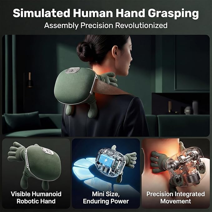 Neck Massager with Heat Portable Shoulder &amp Back Cordless Deep-Tissue Kneading Quiet Brushless Motor Adjustable Strap USB-C Rechargeable Non-Slip Grip Home/Office/Travel – Green