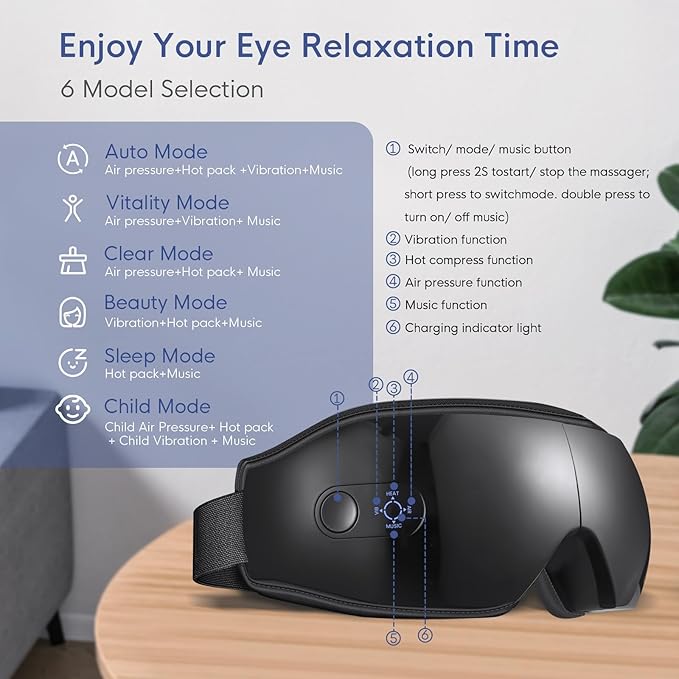NOWWISH Eye Massager with Heat Vibration and Bluetooth Music for Migraine Headache Relief Cordless Heated Eye Mask with 6 Massage Modes Relaxation -Birthday Gifts for Women Men -Black