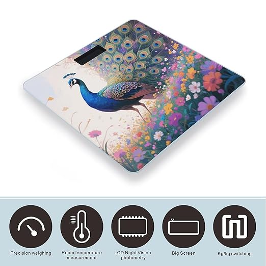 Colorful Peacock in Flower Sea Scale for Body Weight Sturdy Tempered Glass Weighing Scales with LCD Display Accurate Digital Bathroom Scale Convenient Body Fat Smart Scales Easy Read