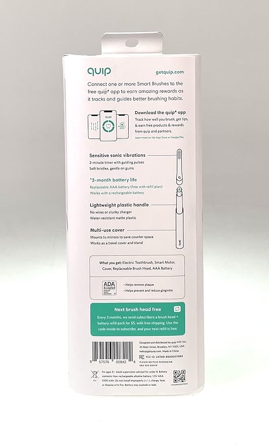 quip Adult Smart Electric Toothbrush - Sonic Toothbrush with Bluetooth &amp Rewards App Travel Cover &amp Mirror Mount Soft Bristles Timer and Plastic Handle - All-White