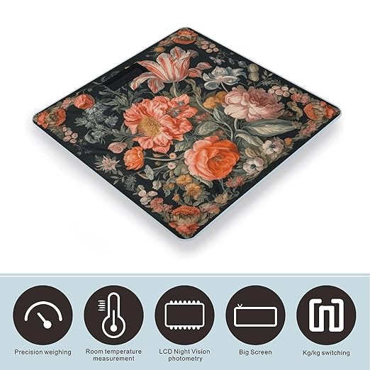 Orange Flower Pattern Scale for Body Weight Accurate Digital Bathroom Scale Toughened Glass High Precision Scales Smart Weight Scales with Large LCD Backlight Display Weighing Machine