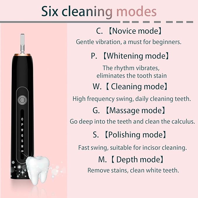 Sonic Electric Toothbrush Low Noise Designed Ideal for Adults Kids 6 Optional Modes IPX7 USB Fast Charging Electric Ultrasonic Toothbrush with 2 min Build in Timer &amp 4 Replacement Brush Heads (Bl