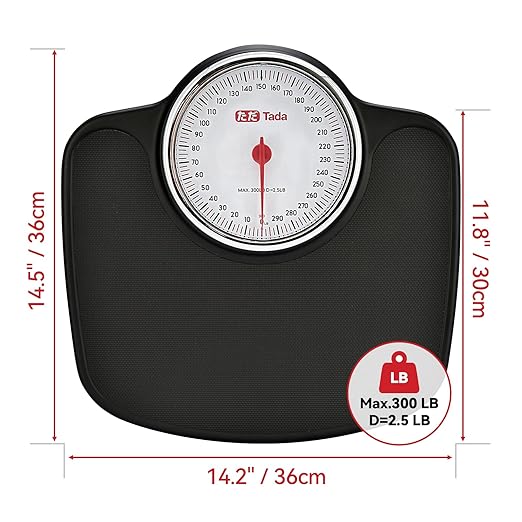 Tada Analog Scale for Body Weight Up to 300 LB Large Non-Digital Mechanical Bathroom Scale with Easy-Read Dial and Anti-Slip Platform