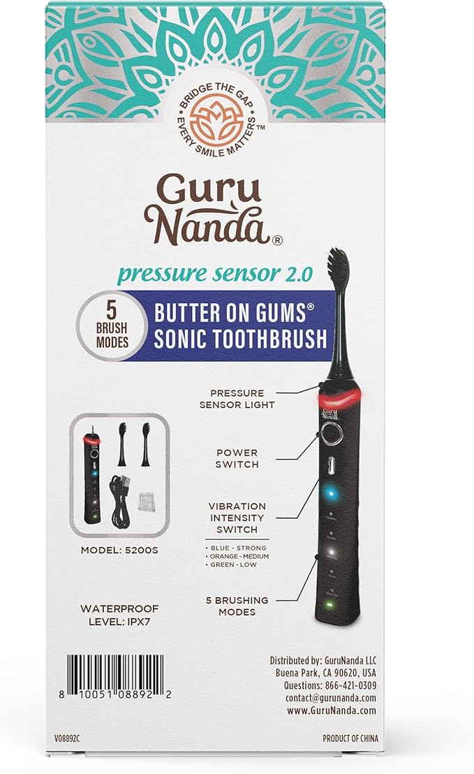 GuruNanda Pressure Sonic 2.0 Electric Toothbrush with Butter On Gums Bristles – Smart Pressure Sensor 5 Modes 2-Min Timer 55-Day Rechargeable Battery IPX7 Waterproof Black