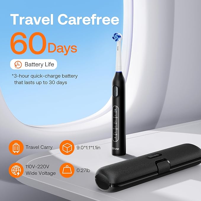 Bitvae R1 Rotating Electric Toothbrush with 8 Brush Heads for Adults and Kids 60-Day Battery Life 5 Modes Rechargeable Power Toothbrush with 2-Minute Smart Timer Black