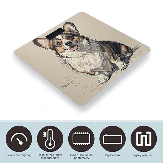 Hand Drawn Sketch Corgi Digital Bathroom Scale for Body Weight Weighing Scale with Backlit LCD Display High Precision Measurements &amp Measures Weight Up to 180kg