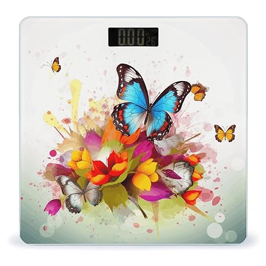 Colourful Butterfly and Floral Scale for Body Weight Sturdy Tempered Glass Weighing Scales with LCD Display Accurate Digital Bathroom Scale Convenient Body Fat Smart Scales 400lb
