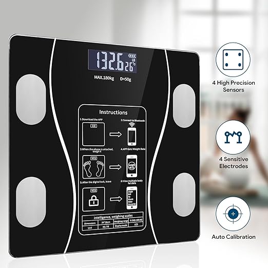 Smart Weighing Scale Bluetooth Smart Body Fat Scale accurately Measures Weight Body Fat Percentage Muscle Mass Percentage BMI and Other Body Metrics. (Black)