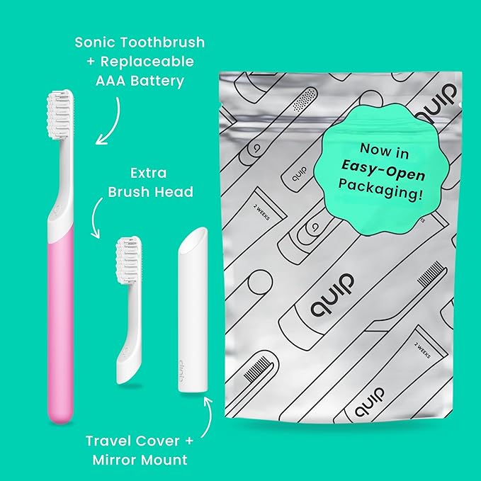Quip Sonic Electric Toothbrush for Adults - Time Travel &amp Soft Bristles with Travel Case &amp Replacement Brush Head - 3 Month Battery Life Plastic Handle - Magenta