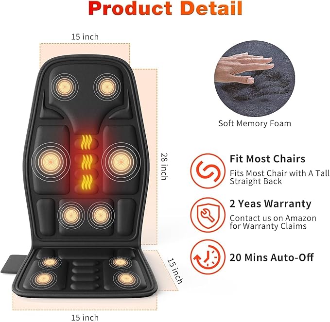 SLOTHMORE Vibration Back Massager for Chair with Heat Chair Massager Pad with 8 Vibration Seat Cushion for Seniors Office Workers &amp Family Fatigue &amp Pain Relief in Office Home &amp Trave