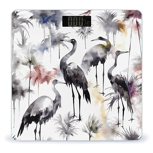 Black and White Crane Pattern Bathroom Scale Automatic Power On/Off Body Scales LCD Backlight Display Square Digital Scale Rounded Corners Bathroom Scales for Home Bedrooms