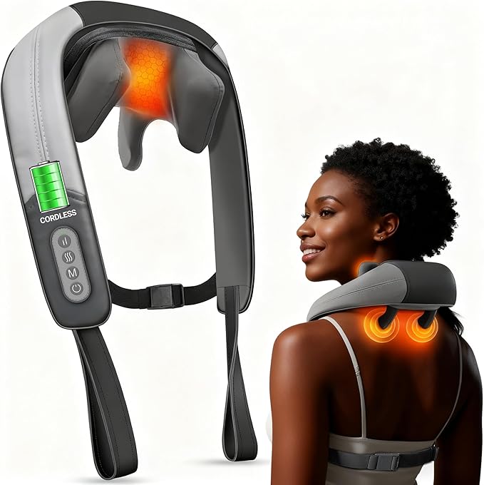 FSA Cordless Neck and Shoulder Massager - HSA Eligible Shiatsu Back Massager for Pain Relief Deep Tissue Electric Rechargeable Cervical Massager with Heat