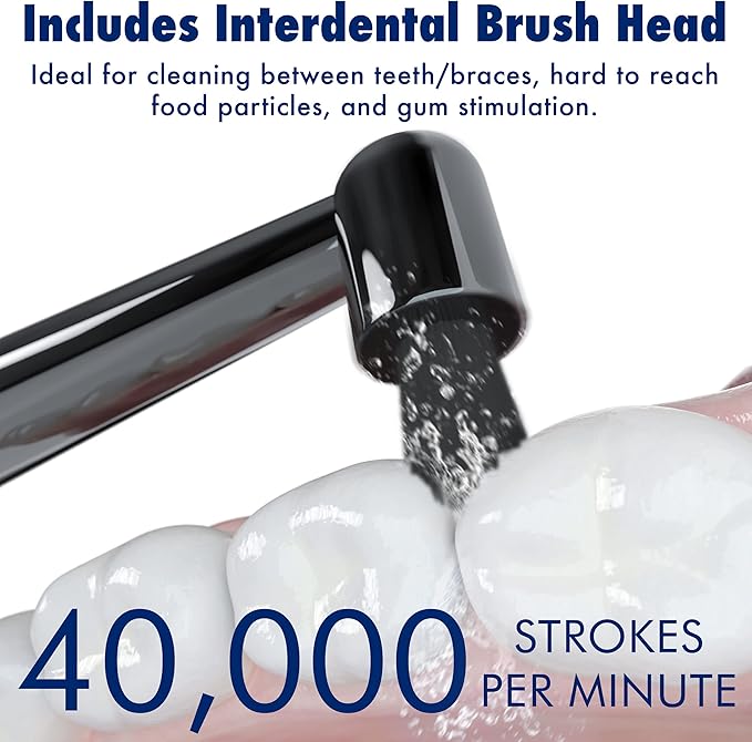 Sonic-FX Solo Electric Toothbrush w/ 10 Brush Heads + 1 Interdental Charcoal Bristles Rechargeable Charging/Storage Base 3 Brush Modes Smart Timer 2 Months Use on Full Charge Blue Color