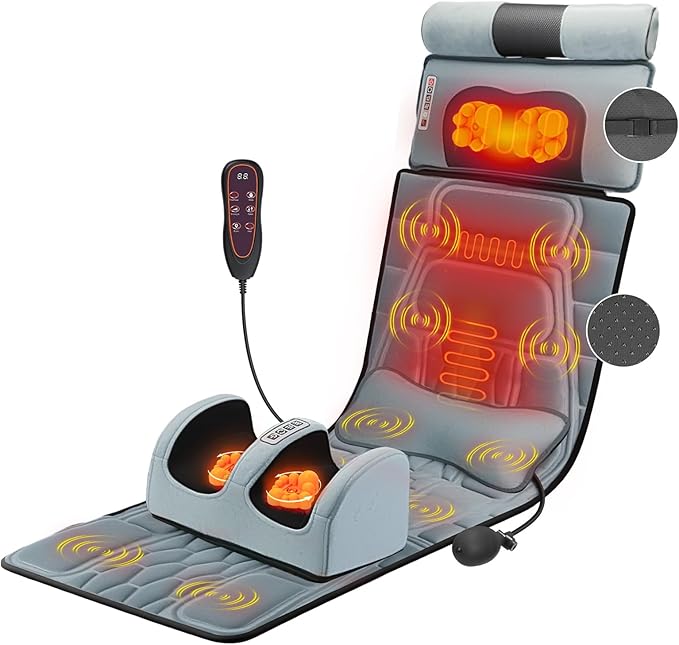 KOCASO Flannel Full Body Massage Mat Multifunctional Massage Chair Pad with Heat Timer Shiatsu Neck Foot Massager Lumbar Pillow Carry Bag Earplugs Anti-Slip Bottom for Reclining Chair