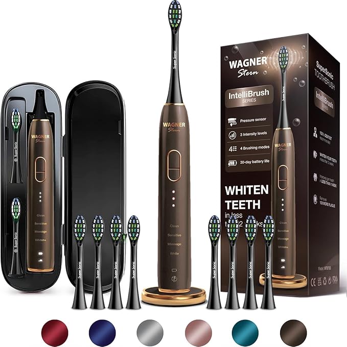 Wagner Stern IntelliBrush Series Whitening Electric Toothbrush with Pressure Sensor. Offers 4 Brushing Modes 3 intensities 8 Soft Brush Heads and a Luxury Travel case.