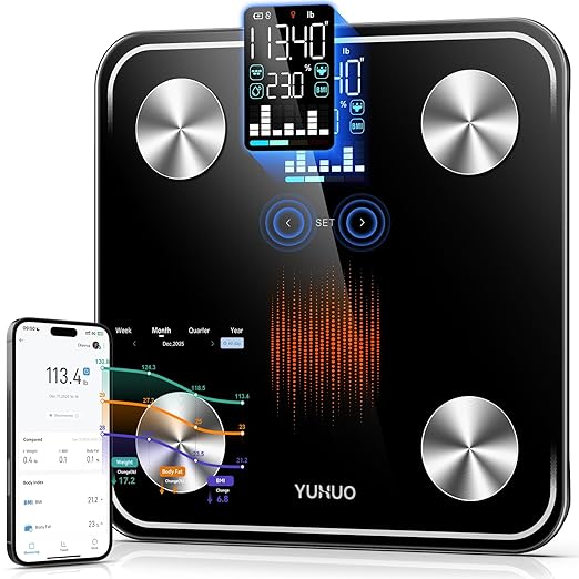 Smart Scale for Body Weight 4-Electrode BIA Body Composition Scale with High Precision Large LED Display Digital Bathroom Scale for BMI Body Fat Muscle Mass 18 Metrics Sync APP 400lb