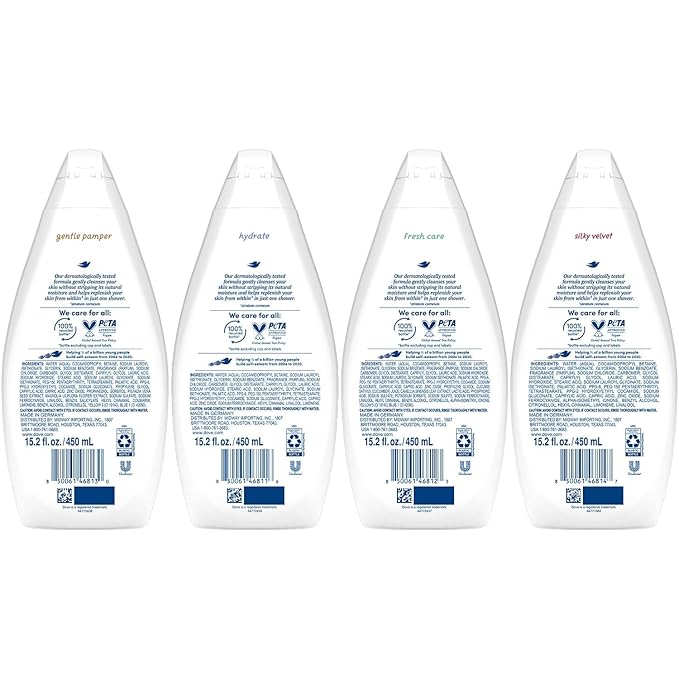 Dove Body Wash Variety 6-Pack – Hydrate Gentle Pamper Fresh Care and Silky Velvet 15.2 Oz Ea