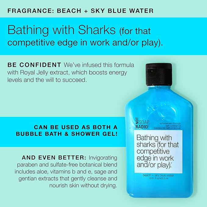Not Soap Radio Bathing with sharks | Beach and sky blue water with Royal Jelly extract Moisturizing Body Wash for Women and Men | Paraben and Sulfate Free