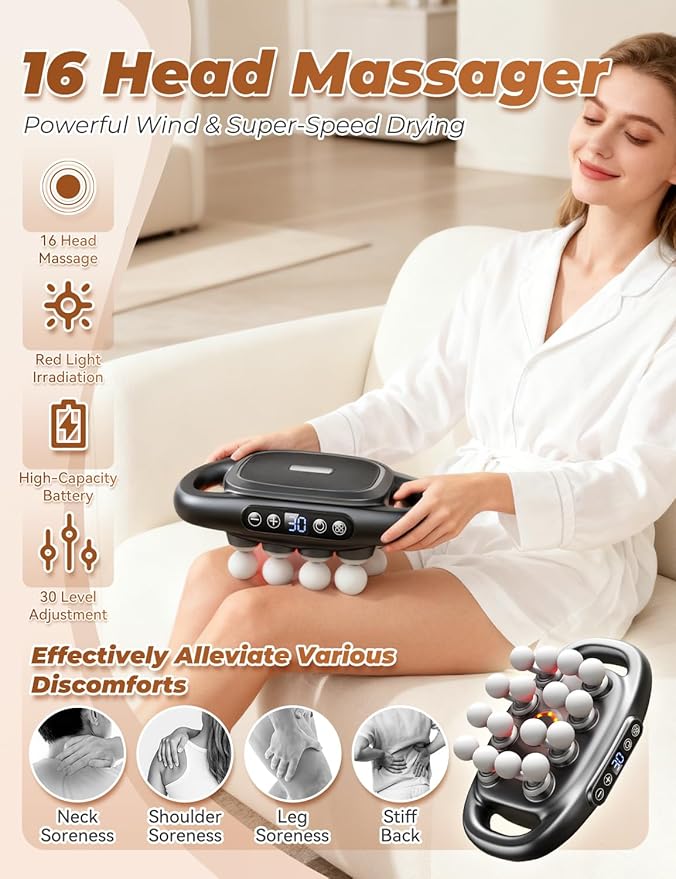 Veloreva Massager - 16 Head Massage Gun Deep Tissue for Pain Relief Pro Massager with 3 Modes &amp 30 Levels Back Massagers for Back Shoulders Legs Foot Body Fast Relief (Black)