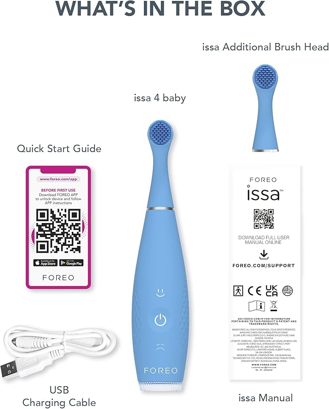 FOREO ISSA 4 Baby – Silicone Sonic Electric Toothbrush Bundle for Babies 2-Sided Bristles Fun Smile Feature Gum Massage 12 Months of Care with Extra Brush Head Travel-Friendly - Bubble Blue